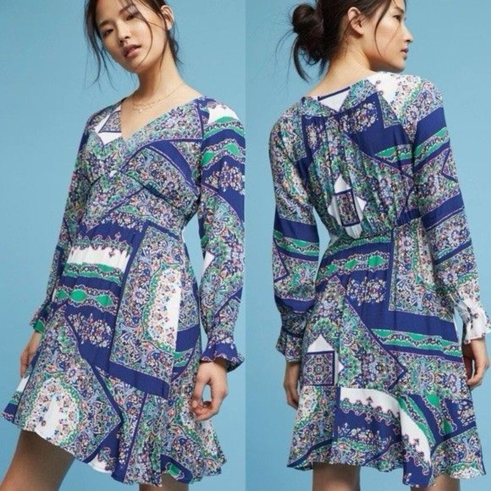 ANTHROPOLOGIE Dress SMALL Maeve Monaco Long Sleeve Casual Party Paisley Ruffle‎